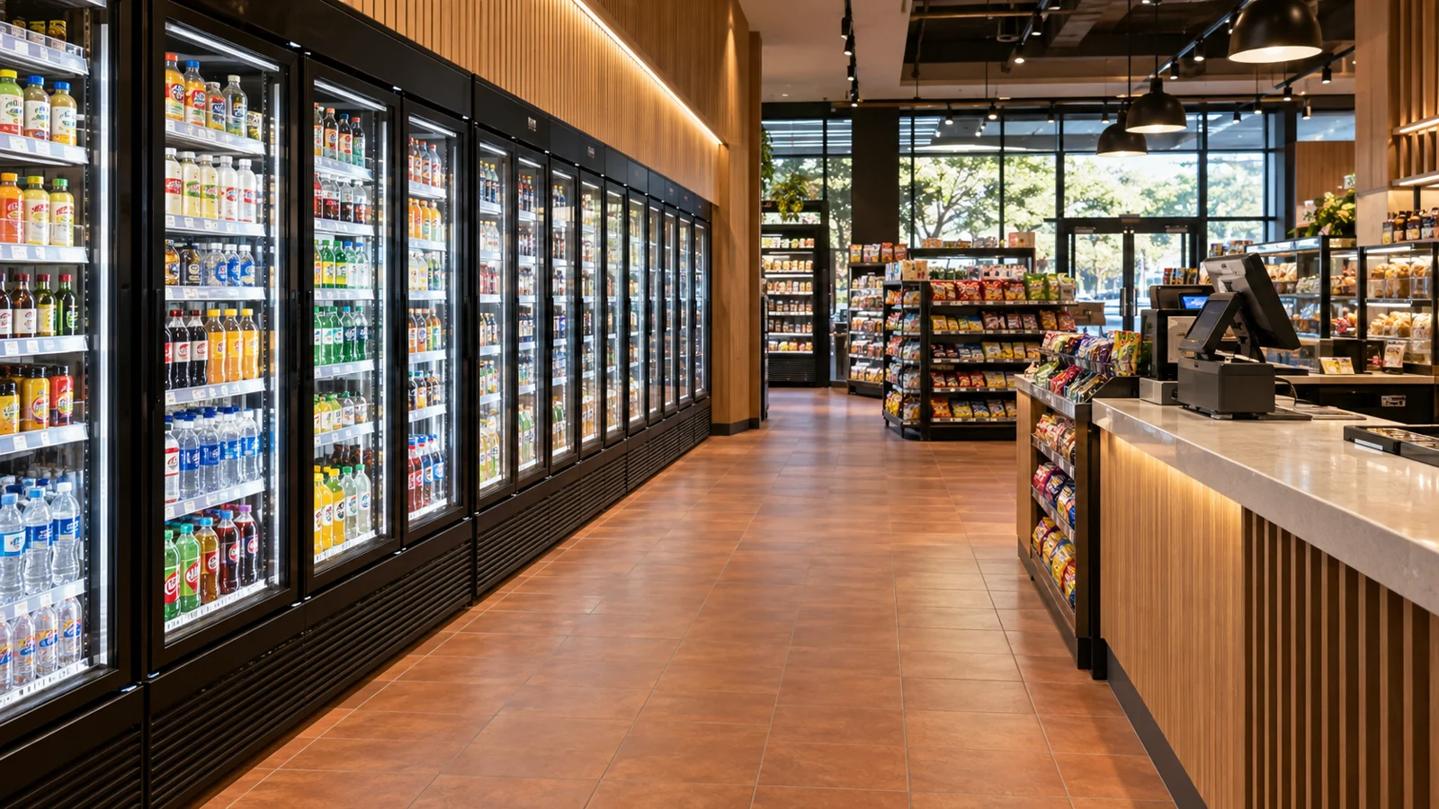 社区便利店：饮品墙与结账衔接应用方案示意