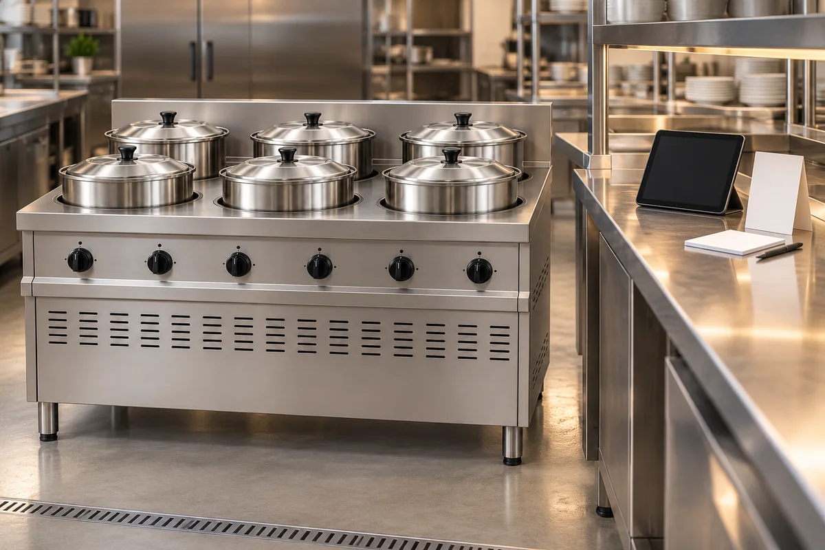 Six-pot soup stove beside a separate counter with a blank menu card and dark-screen tablet; conceptual menu-coordination scene