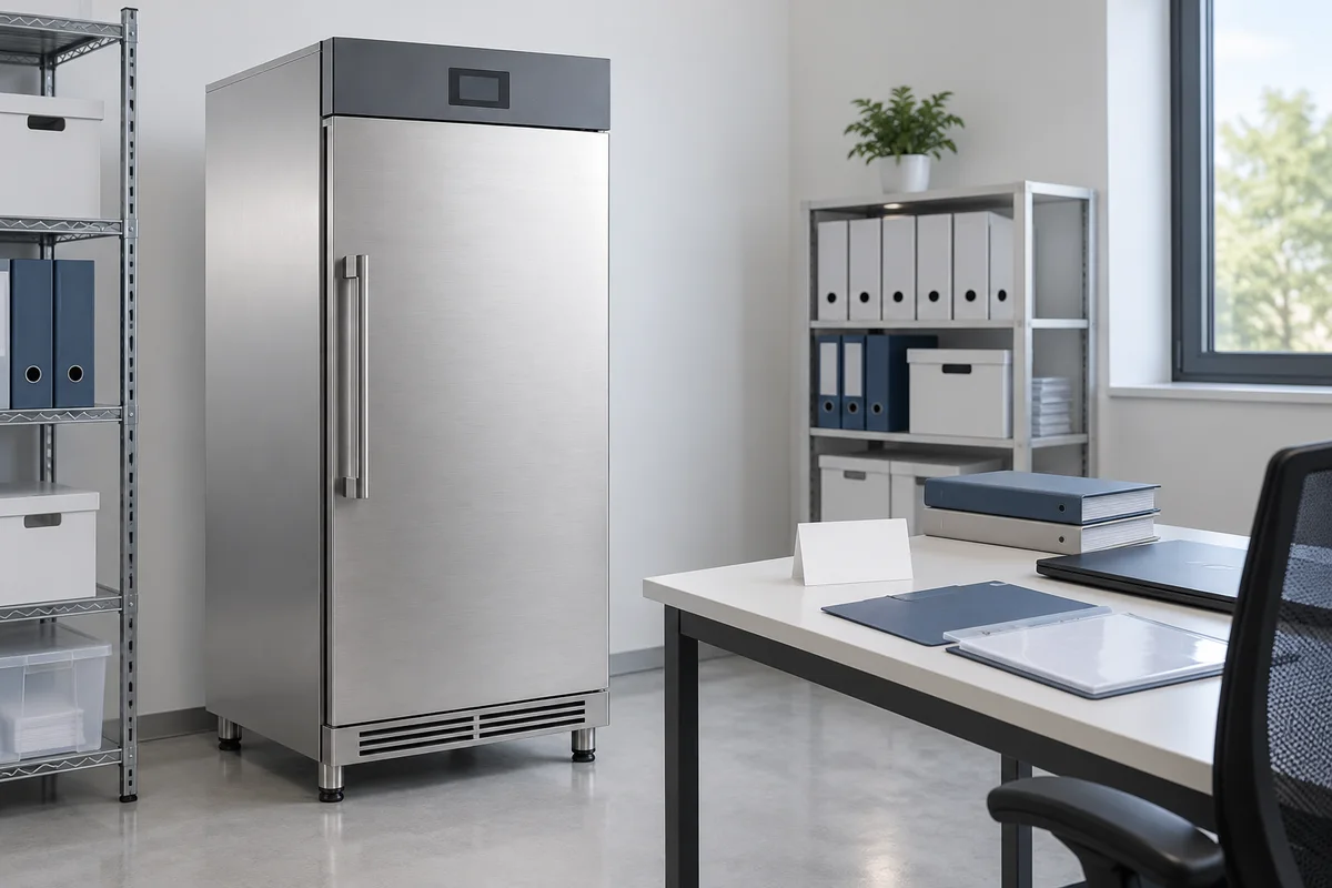 Single solid-door medicine refrigerator beside document folders and a blank index card; conceptual illustration