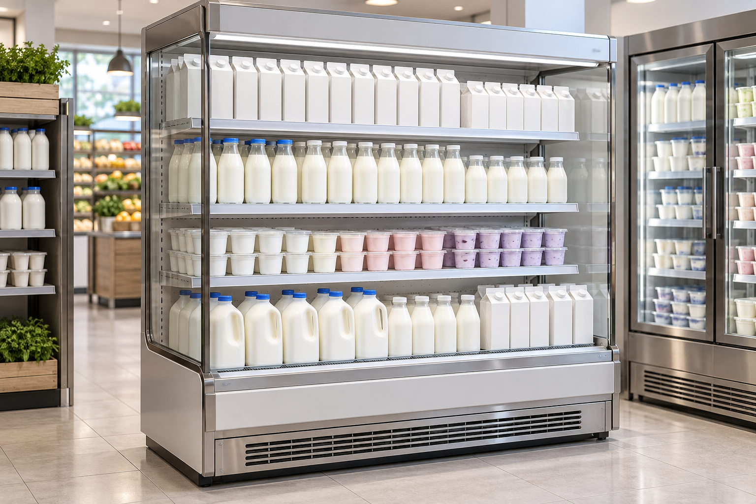 Milk display cabinet with cartons, bottles and yogurt cups; generated using artificial intelligence, not a specific model photograph.