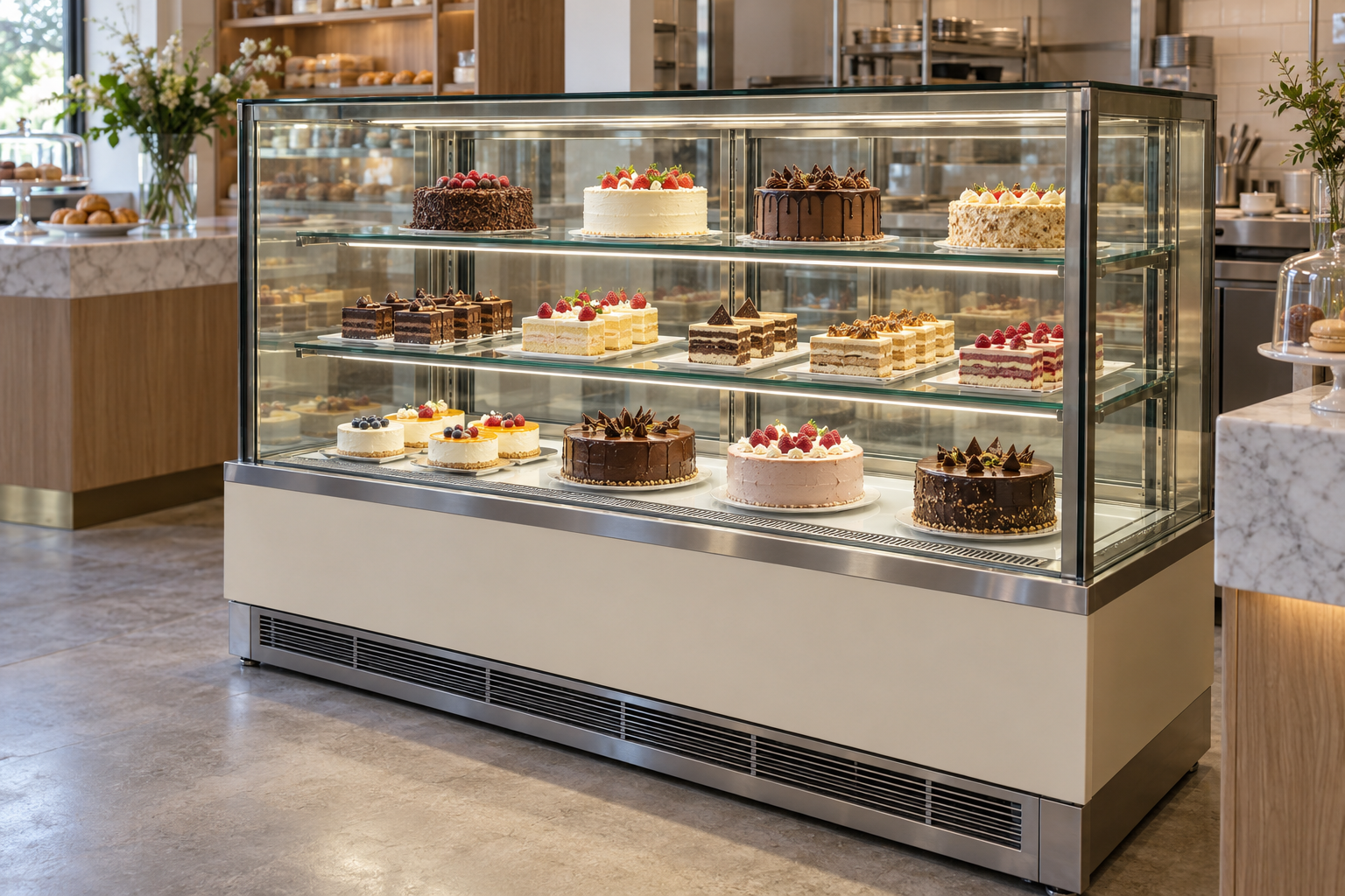 蛋糕冷藏柜 Refrigerated cake display case：烘焙店整蛋糕与切块甜品陈列示意