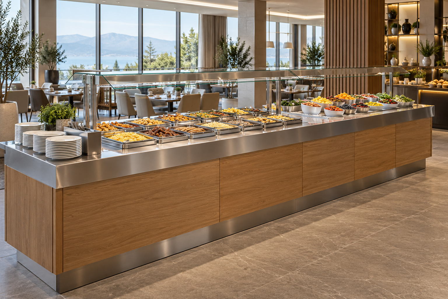 Buffet table with separate serving zones in a hotel restaurant — computer-generated illustration