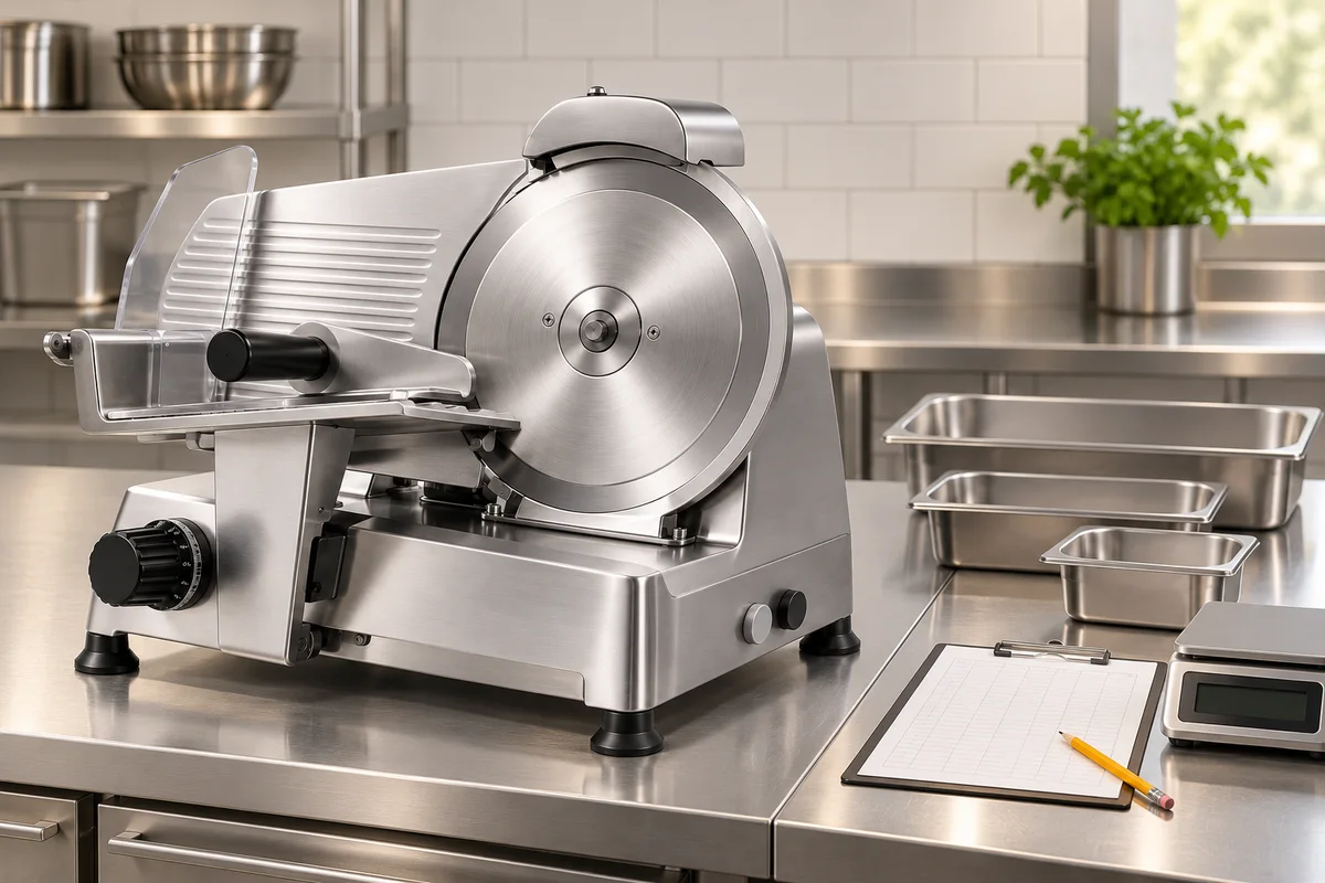 Slicer beside separate empty trays, a scale and a recording sheet; conceptual yield-recording illustration