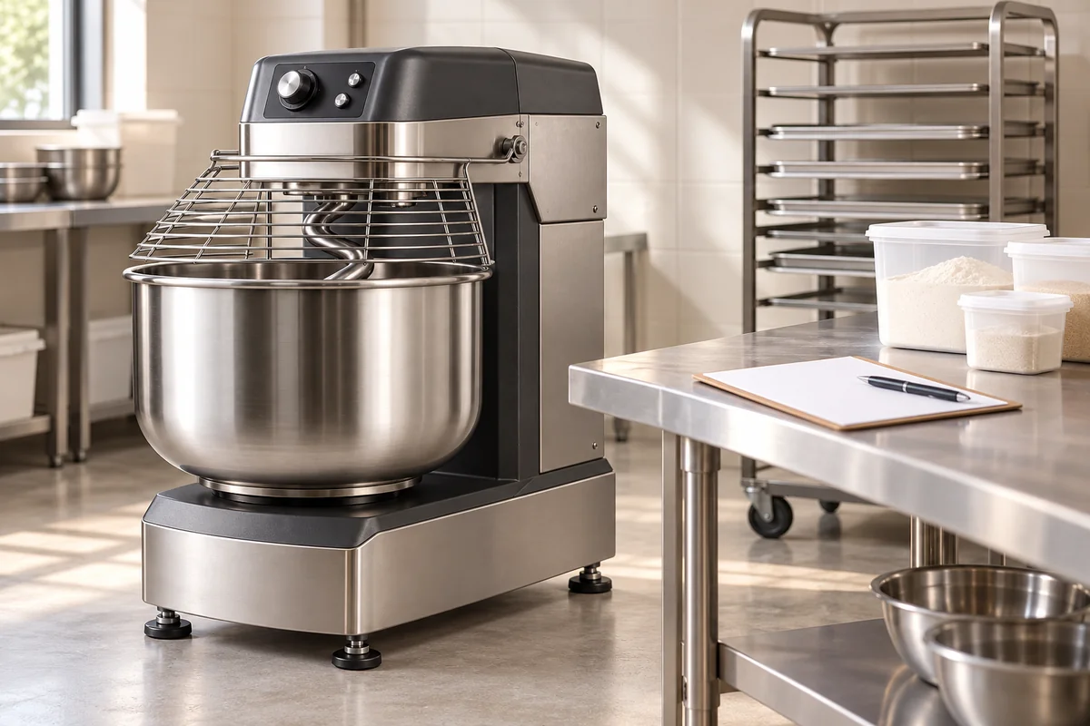 Dough mixer beside a blank schedule, covered ingredient containers and a tray trolley; conceptual planning scene