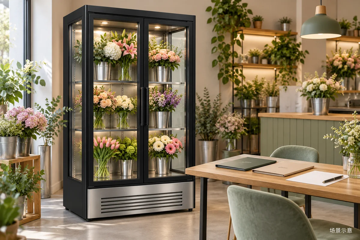 Double-glass-door flower cabinet beside document folders and a blank comparison sheet; conceptual illustration
