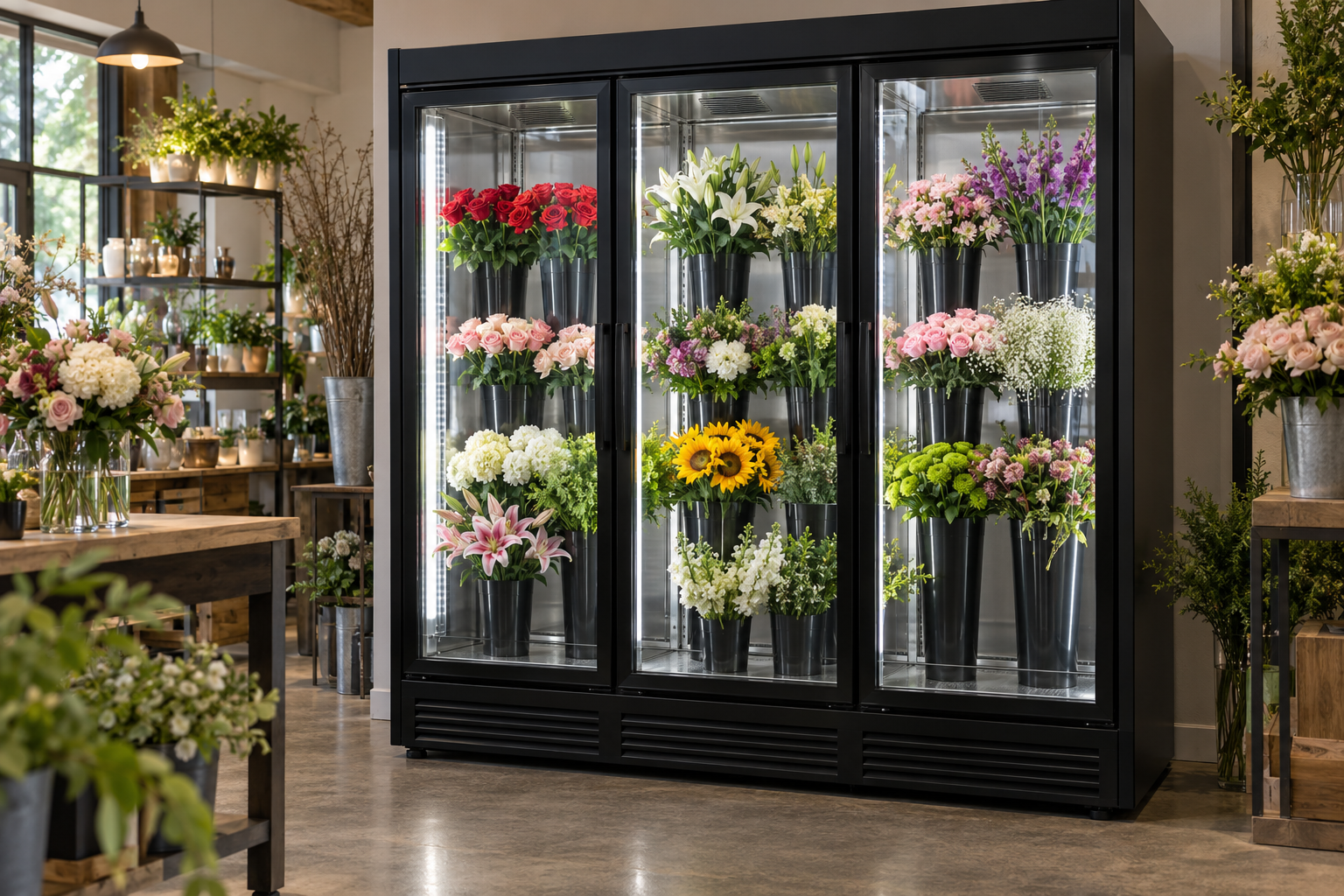 Illustrative upright glass-door floral refrigerator with arranged bouquets, generated using artificial intelligence; not a photograph of a specific model.