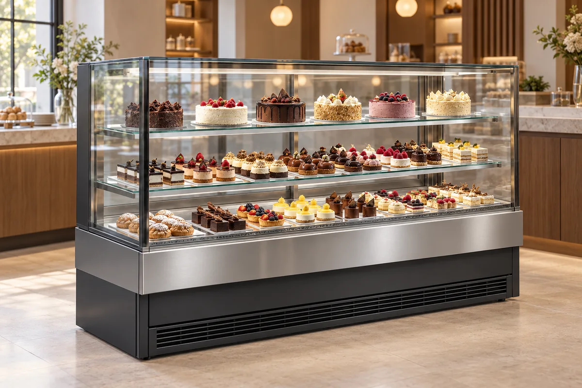 Flat-glass cake display with gentle window and indoor-light reflections; conceptual customer-view illustration