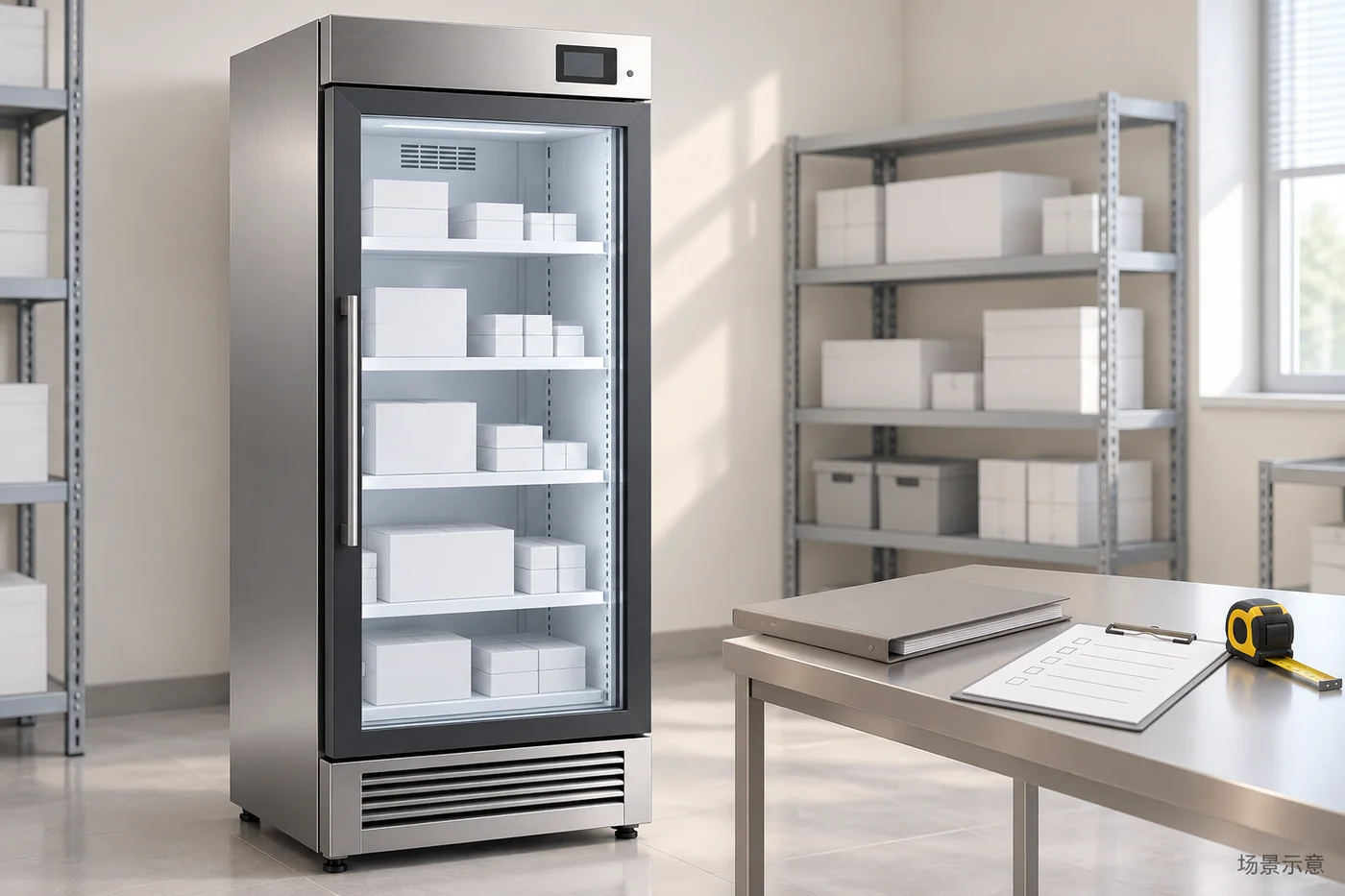 Single-door medicine cabinet beside a procurement document station; conceptual illustration, not a specific supplied model