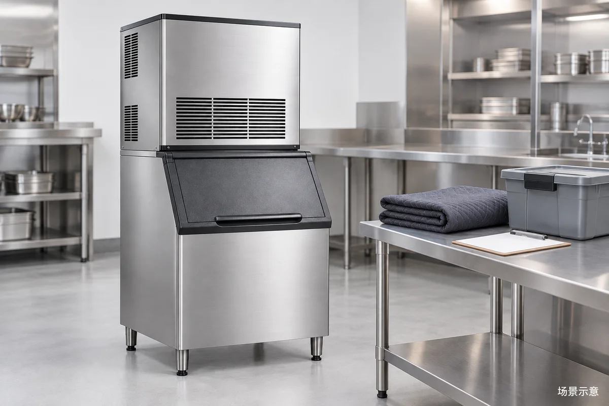 Upright ice maker in a new preparation area beside a moving blanket, accessory tote and handover clipboard; conceptual illustration