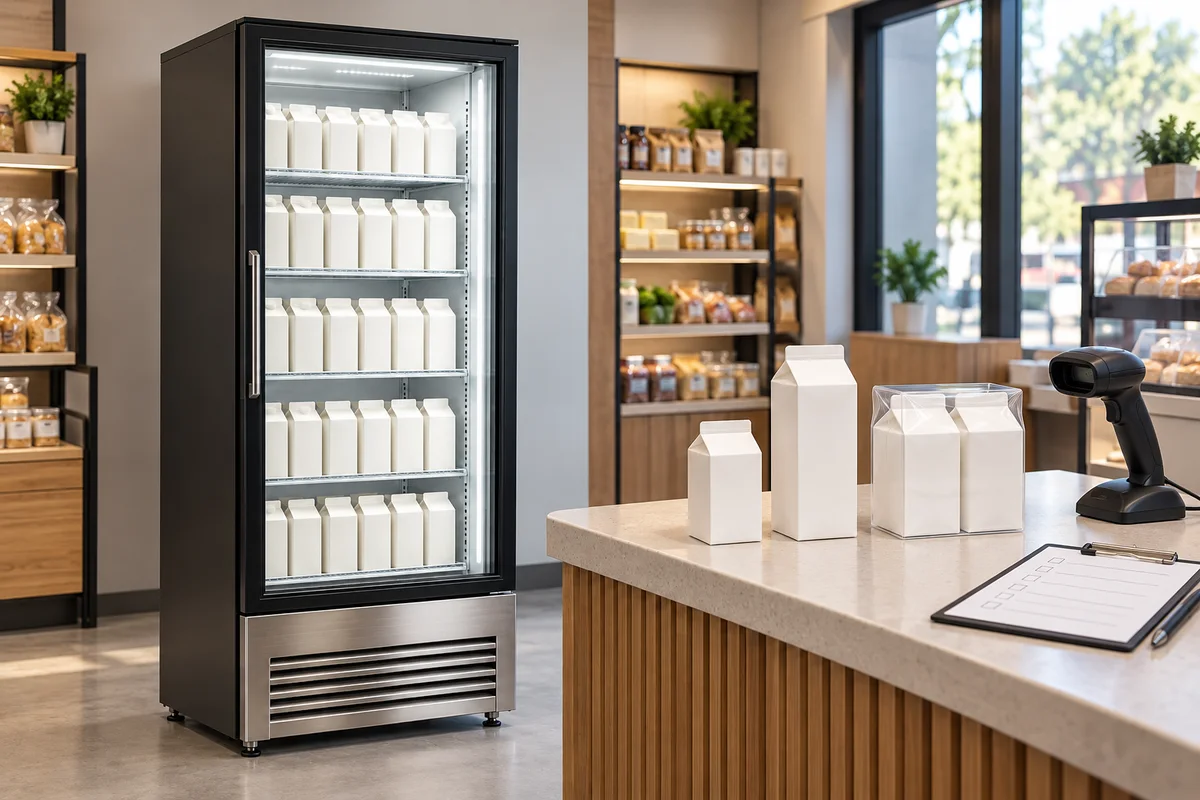 Milk cabinet beside individual cartons, a multipack and a scanner; conceptual item-checking scene