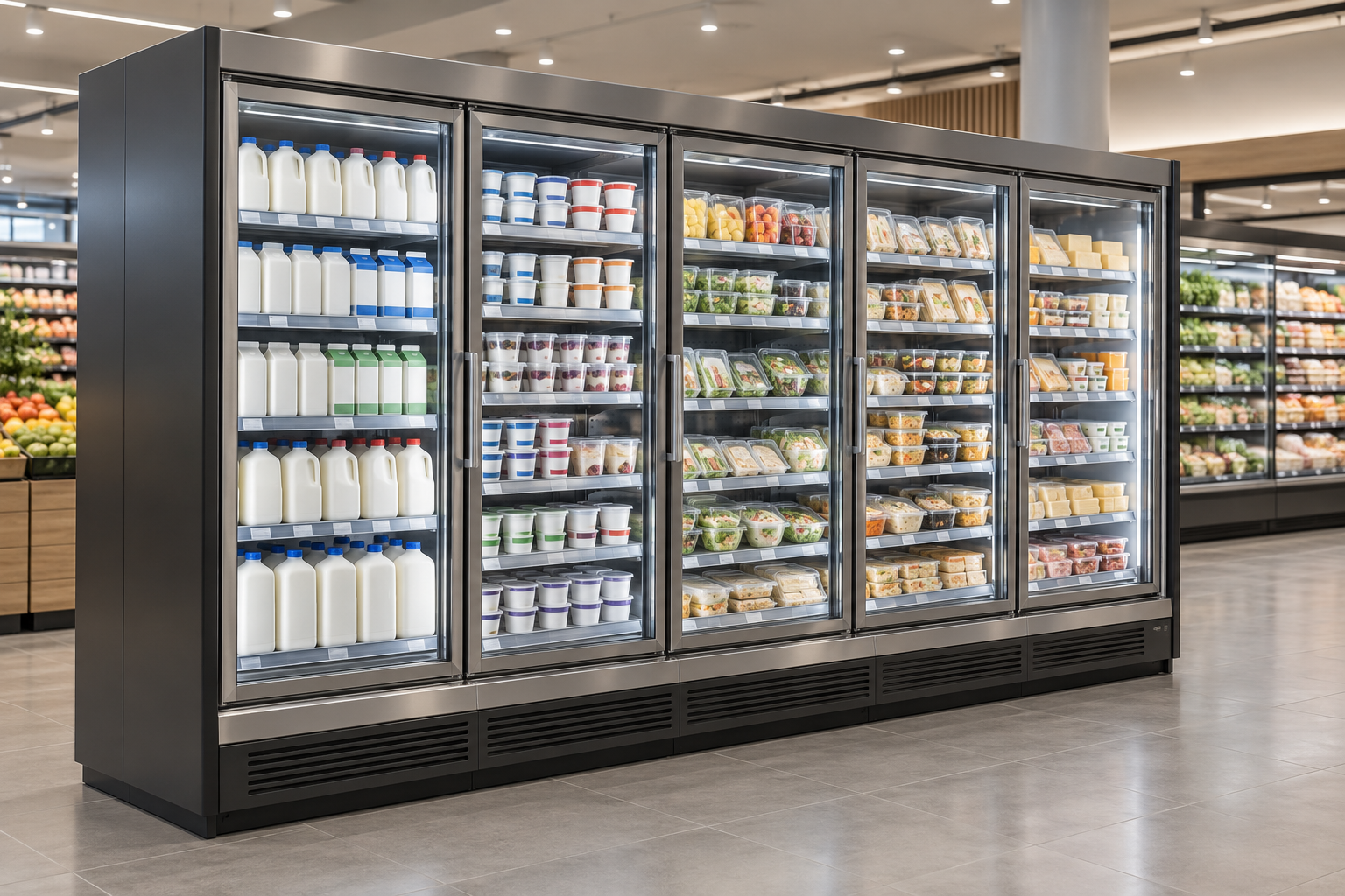 超市冷藏陈列柜 Supermarket refrigerated display cabinet：玻璃门多层冷藏商品区示意